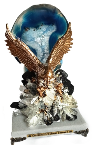 Статуетка Орел с Планински кристали, Антрацит, Ахат, Злато